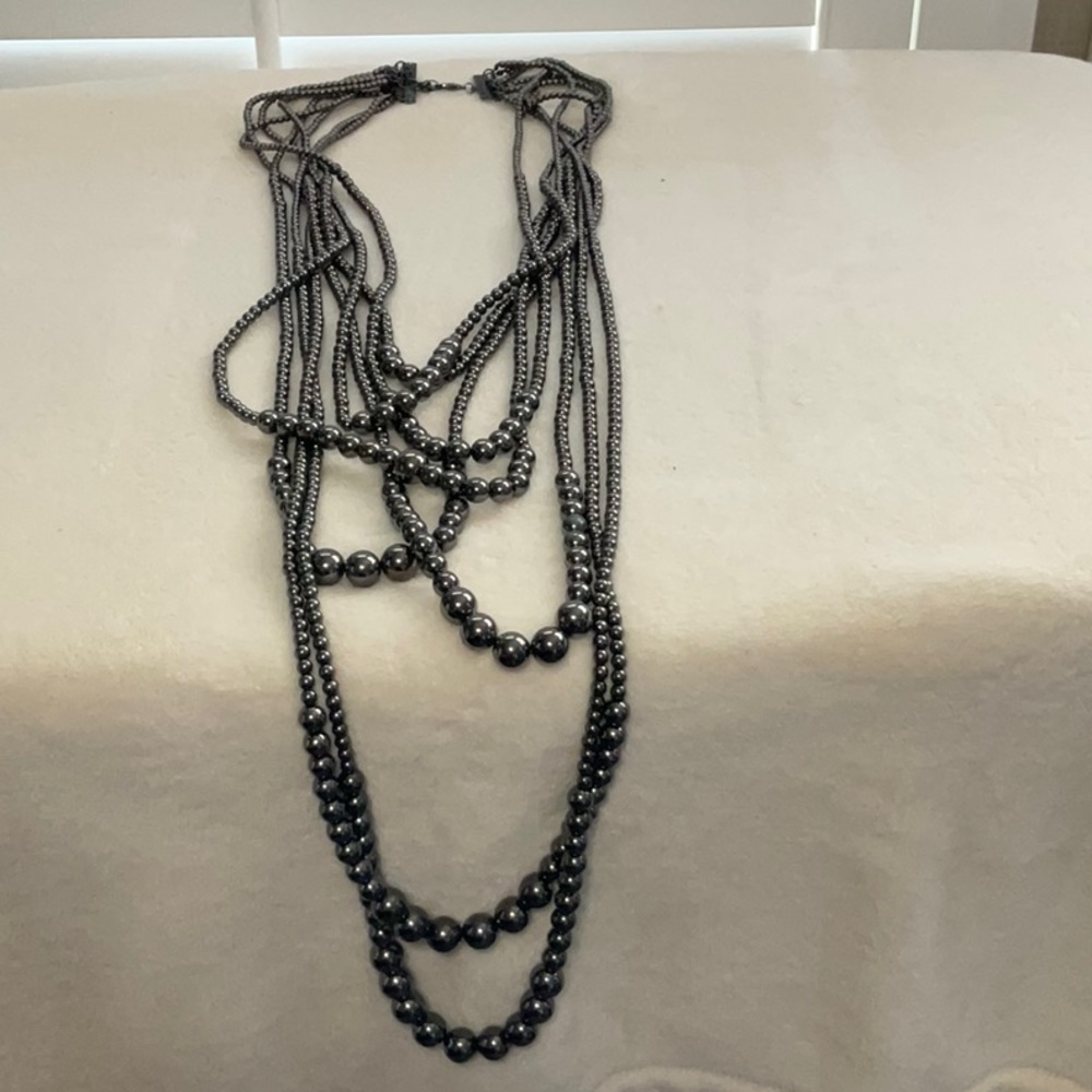 Layered Hematite Bead Statement Necklace - Gunmetal Multi-Strand